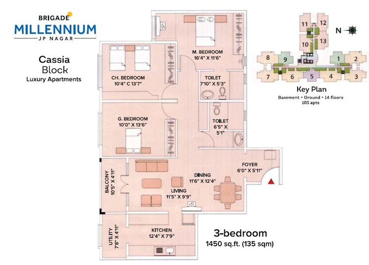 Other, brigade-millennium 3 Bedroom 1450 Sq.Ft. Apartment In Jp Nagar Bangalore 9089812