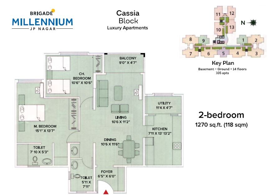 Floor plan of 2 BHK 1270 Sq. Ft. Apartment in Brigade Millennium Cassia, Bangalore