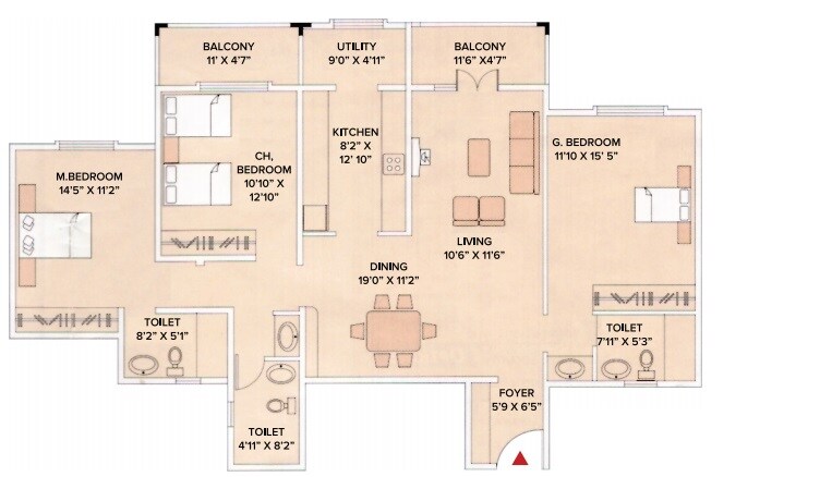 Floor plan of 3 BHK 1850 Sq. Ft. Apartment in Brigade Millennium Magnolia, Bangalore