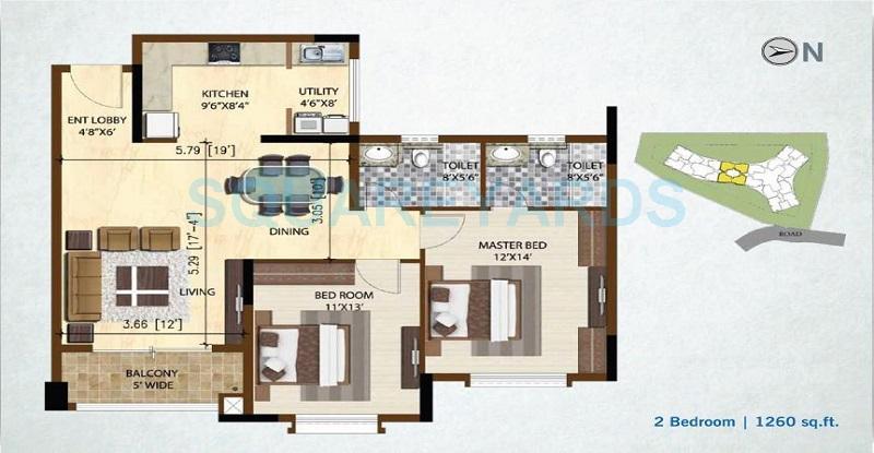 Floor plan of 2 BHK 1300 Sq. Ft. Apartment in Brigade Nest, Bangalore