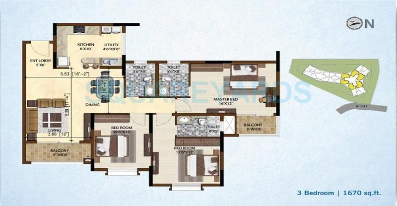 Floor plan of 3 BHK 1615 Sq. Ft. Apartment in Brigade Nest, Bangalore