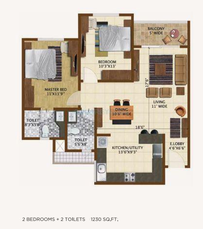 Floor plan of 2 BHK 1230 Sq. Ft. Apartment in Brigade Northridge, Bangalore