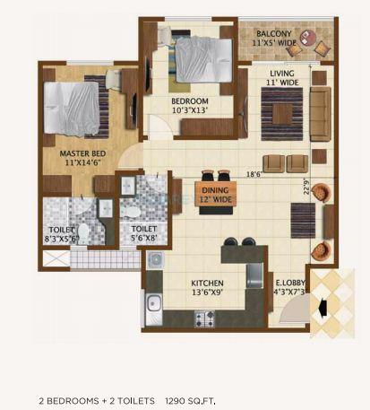 Floor plan of 2 BHK 1290 Sq. Ft. Apartment in Brigade Northridge, Bangalore