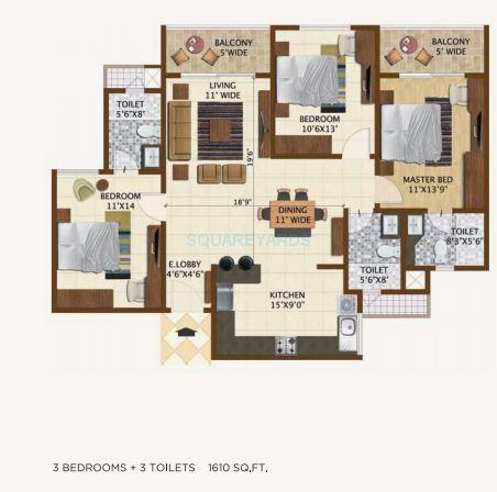 Floor plan of 3 BHK 1610 Sq. Ft. Apartment in Brigade Northridge, Bangalore