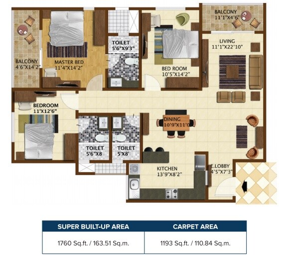 Floor plan of 3 BHK 1760 Sq. Ft. Apartment in Brigade Northridge, Bangalore