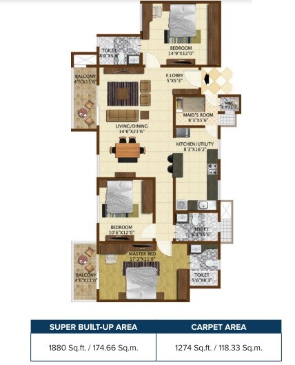 Floor plan of 3 BHK 1880 Sq. Ft. Apartment in Brigade Northridge, Bangalore