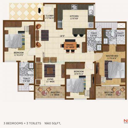 Floor plan of 3 BHK 1660 Sq. Ft. Apartment in Brigade Northridge, Bangalore
