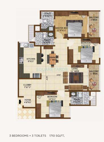 Floor plan of 3 BHK 1710 Sq. Ft. Apartment in Brigade Northridge, Bangalore