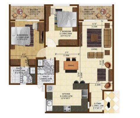 Floor plan of 2 BHK 1386 Sq. Ft. Apartment in Brigade Northridge Neo, Bangalore