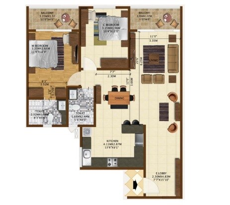 Floor plan of 2 BHK 1496 Sq. Ft. Apartment in Brigade Northridge Neo, Bangalore