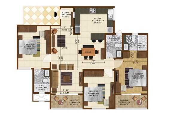 Floor plan of 3 BHK 1691 Sq. Ft. Apartment in Brigade Northridge Neo, Bangalore