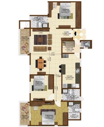Floor plan of 3 BHK 1898 Sq. Ft. Apartment in Brigade Northridge Neo, Bangalore