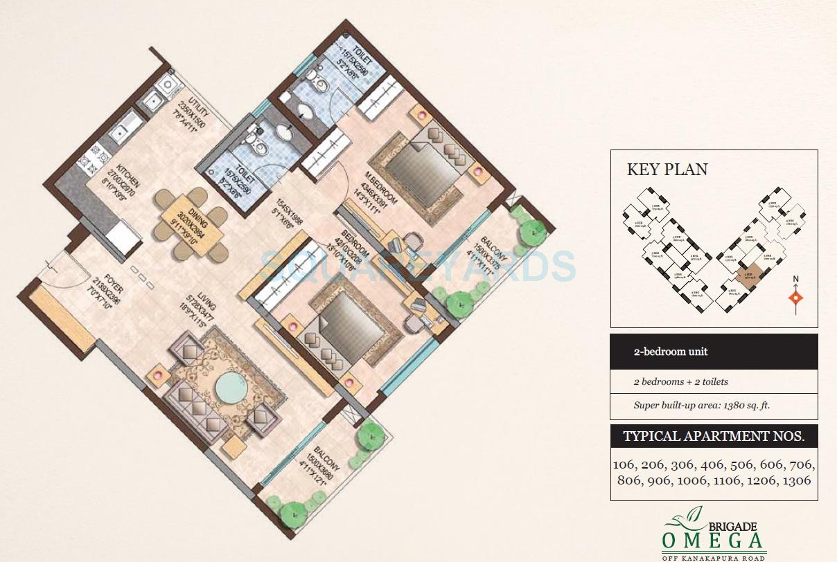 Floor plan of 2 BHK 1270 Sq. Ft. Apartment in Brigade Omega, Bangalore