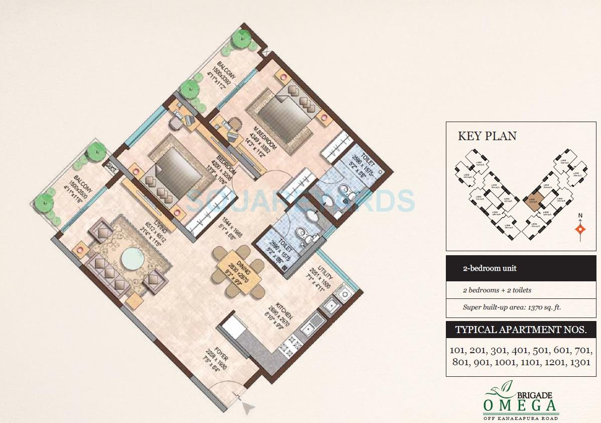 Floor plan of 2 BHK 1370 Sq. Ft. Apartment in Brigade Omega, Bangalore