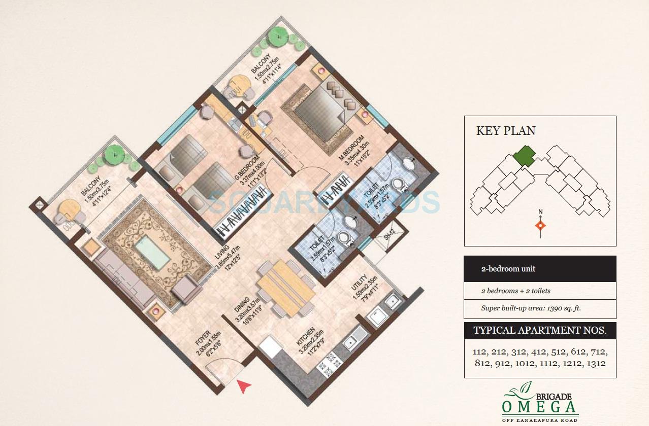 Floor plan of 2 BHK 1390 Sq. Ft. Apartment in Brigade Omega, Bangalore