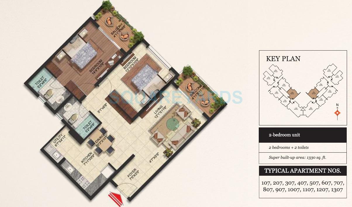 Floor plan of 2 BHK 1330 Sq. Ft. Apartment in Brigade Omega, Bangalore