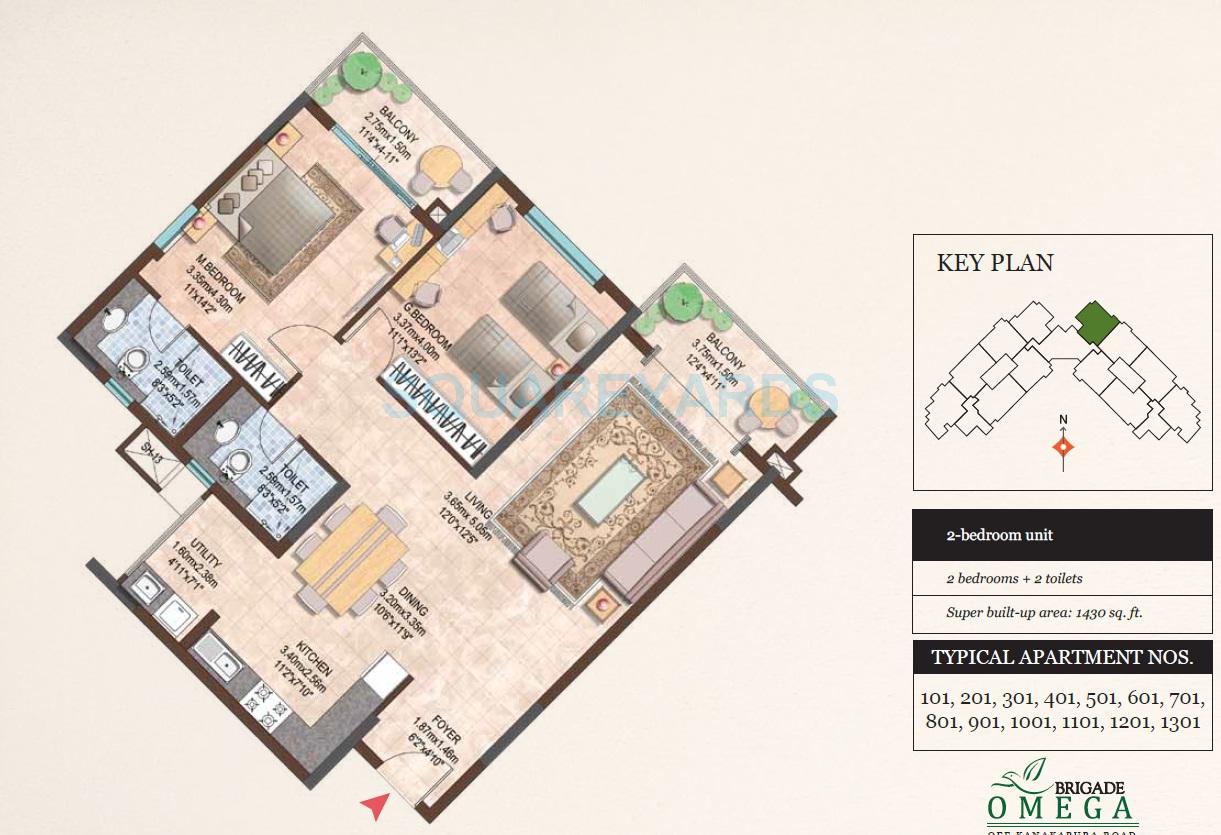 Floor plan of 2 BHK 1430 Sq. Ft. Apartment in Brigade Omega, Bangalore