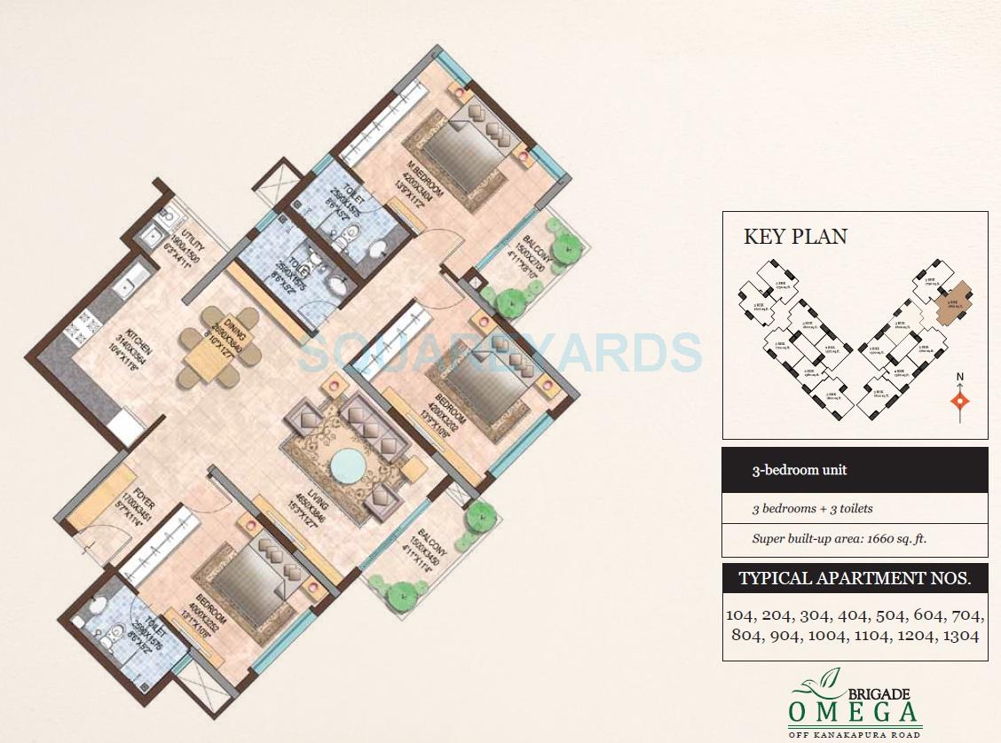 Floor plan of 3 BHK 1660 Sq. Ft. Apartment in Brigade Omega, Bangalore