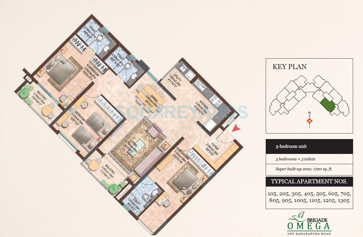 Floor plan of 3 BHK 1720 Sq. Ft. Apartment in Brigade Omega, Bangalore
