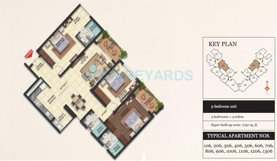 Floor plan of 3 BHK 1750 Sq. Ft. Apartment in Brigade Omega, Bangalore