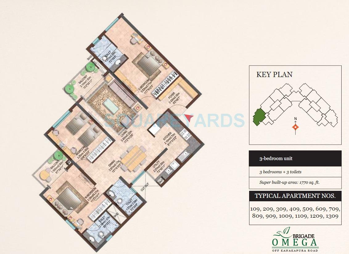 Floor plan of 3 BHK 1770 Sq. Ft. Apartment in Brigade Omega, Bangalore