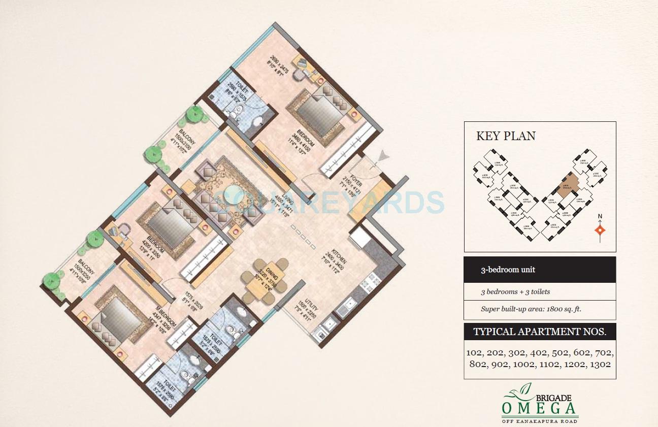 Floor plan of 3 BHK 1800 Sq. Ft. Apartment in Brigade Omega, Bangalore