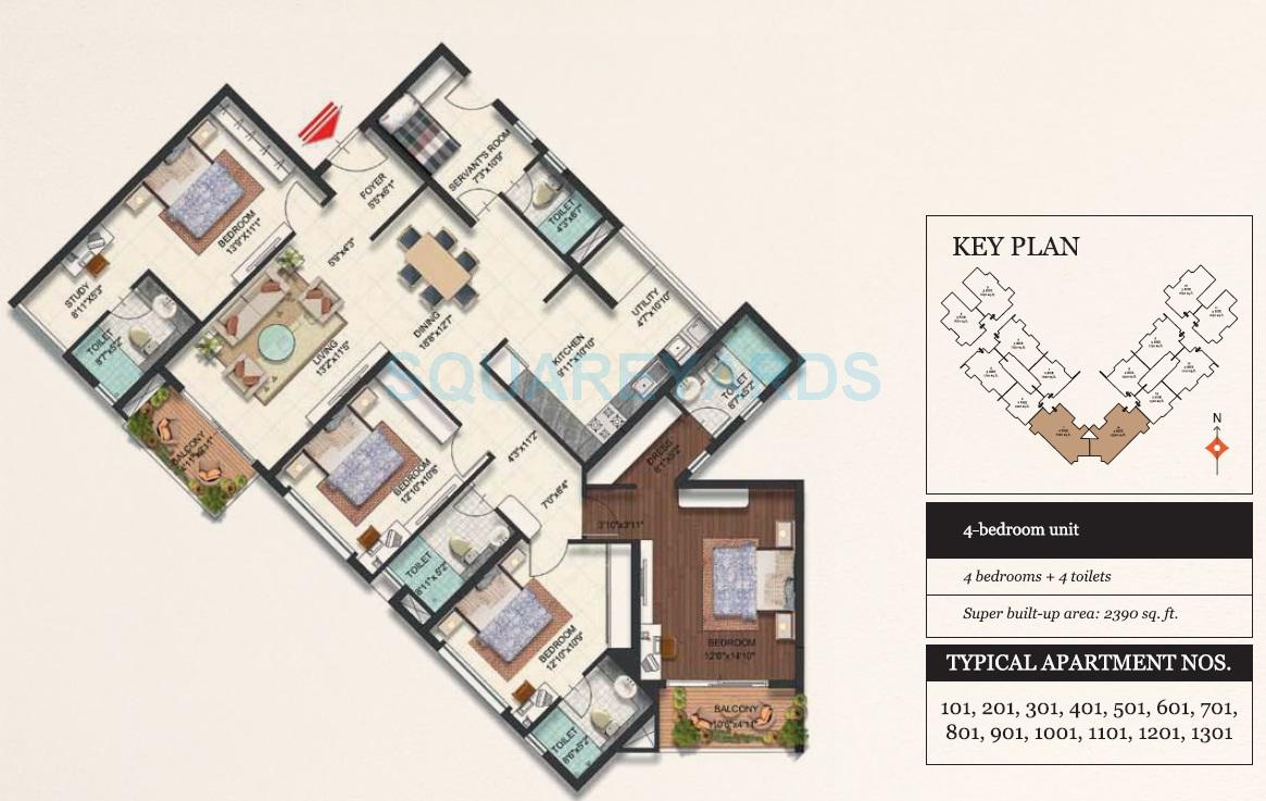 Floor plan of 4 BHK 2390 Sq. Ft. Apartment in Brigade Omega, Bangalore