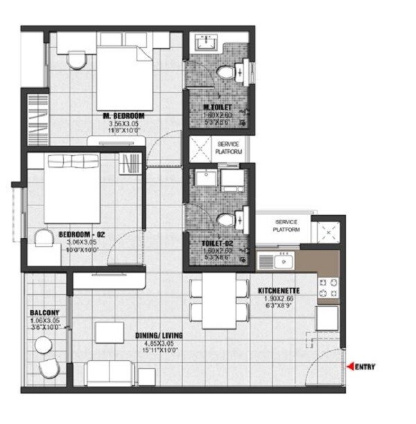 Floor plan of 2 BHK 1010 Sq. Ft. Apartment in Brigade Orchards Banyan, Bangalore