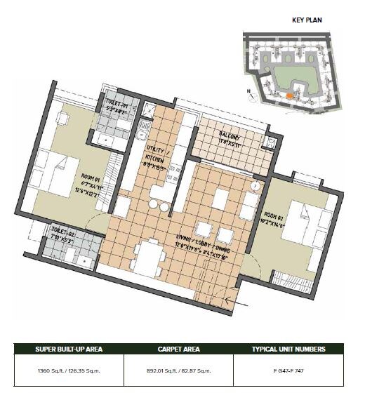 Floor plan of 2 BHK 1360 Sq. Ft. Apartment in Brigade Orchards Deodar, Bangalore