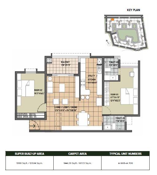 Floor plan of 2 BHK 1390 Sq. Ft. Apartment in Brigade Orchards Deodar, Bangalore