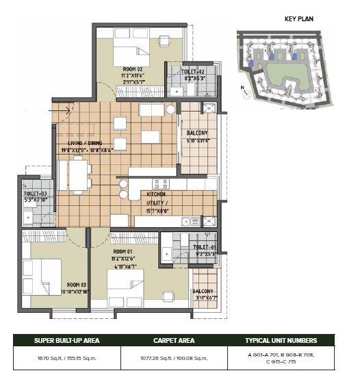 Floor plan of 3 BHK 1670 Sq. Ft. Apartment in Brigade Orchards Deodar, Bangalore