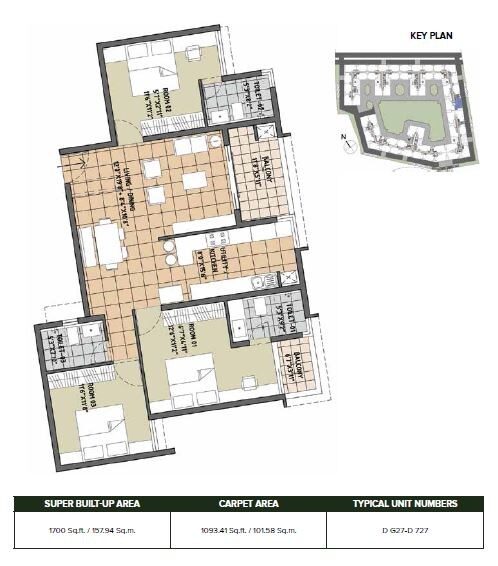 Floor plan of 3 BHK 1700 Sq. Ft. Apartment in Brigade Orchards Deodar, Bangalore