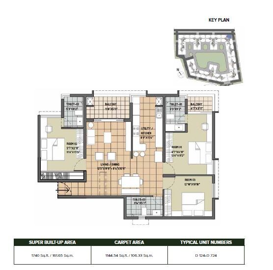 Floor plan of 3 BHK 1740 Sq. Ft. Apartment in Brigade Orchards Deodar, Bangalore