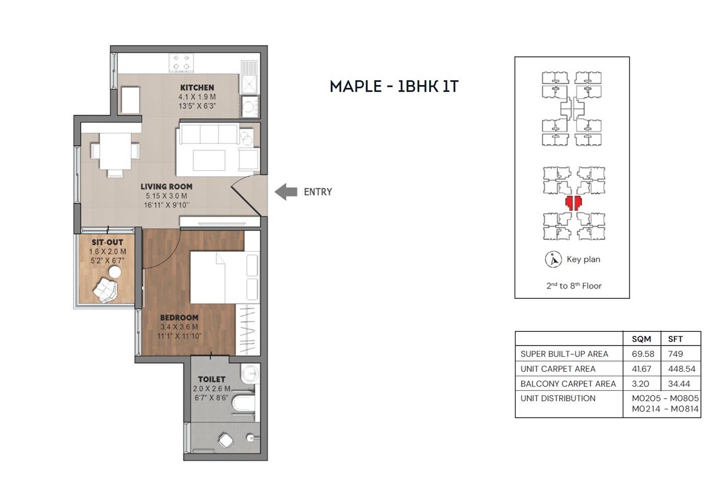 Floor plan of 1 BHK 749 Sq. Ft. Apartment in Brigade Orchards Laurel And Maple, Bangalore