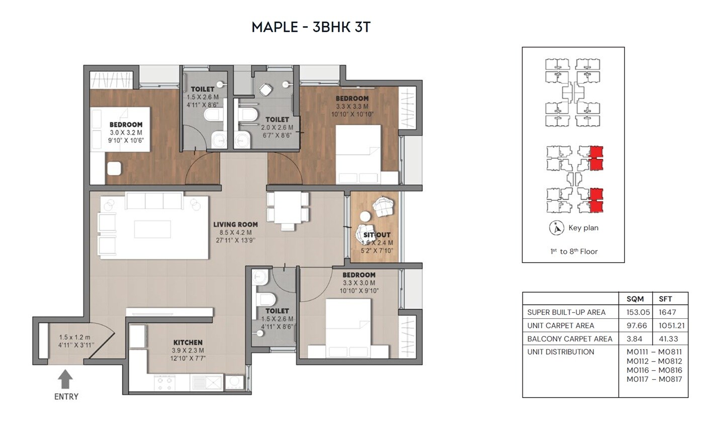 Floor plan of 3 BHK 1647 Sq. Ft. Apartment in Brigade Orchards Laurel And Maple, Bangalore