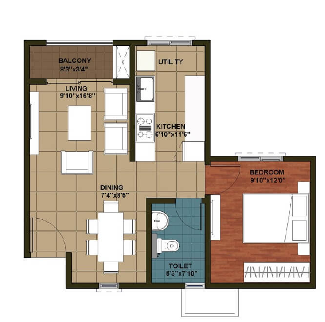 Floor plan of 1 BHK 720 Sq. Ft. Apartment in Brigade Orchards Luxury Apartments, Bangalore