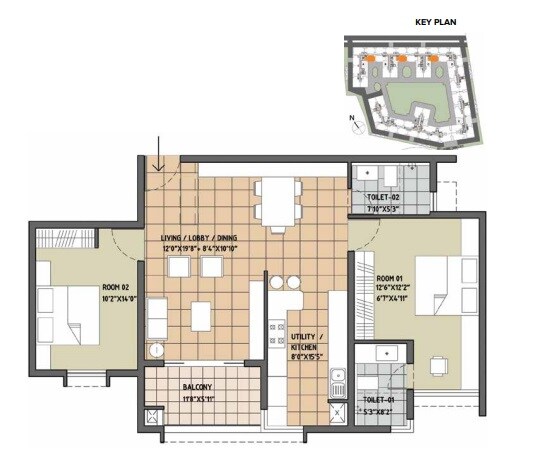 Floor plan of 2 BHK 1360 Sq. Ft. Apartment in Brigade Orchards Luxury Apartments, Bangalore