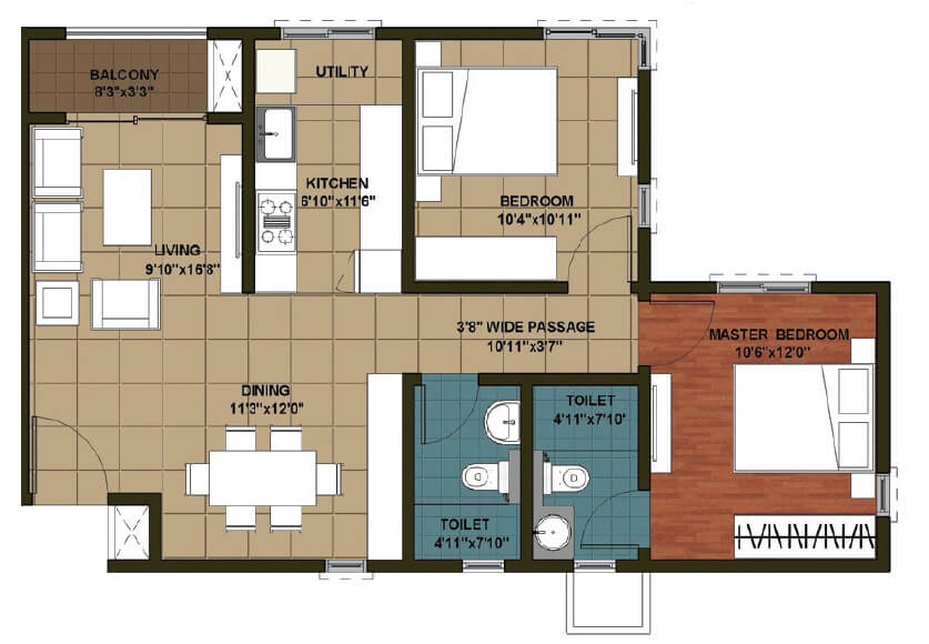 Floor plan of 2 BHK 1080 Sq. Ft. Apartment in Brigade Orchards Luxury Apartments, Bangalore