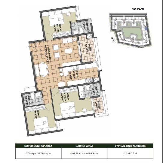 Floor plan of 3 BHK 1700 Sq. Ft. Apartment in Brigade Orchards Luxury Apartments, Bangalore