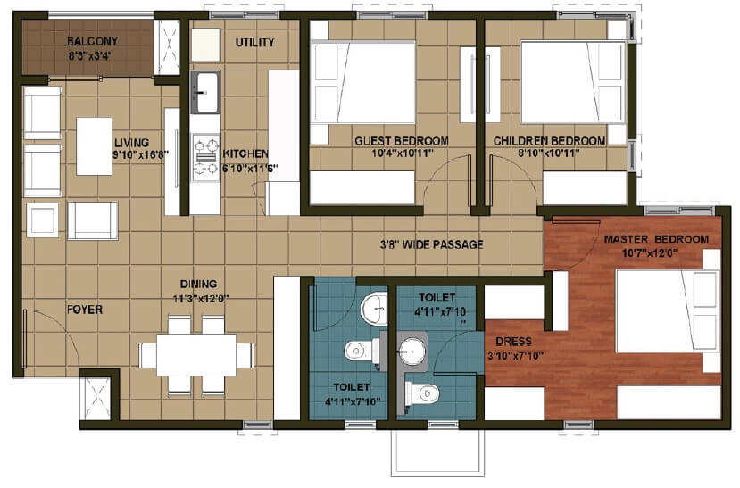 Floor plan of 3 BHK 1290 Sq. Ft. Apartment in Brigade Orchards Luxury Apartments, Bangalore