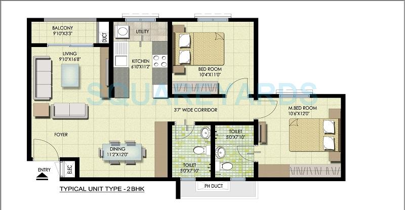 Floor plan of 2 BHK 1010 Sq. Ft. Apartment in Brigade Orchards Value Homes, Bangalore