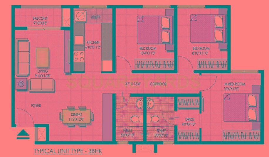 Floor plan of 3 BHK 1210 Sq. Ft. Apartment in Brigade Orchards Value Homes, Bangalore