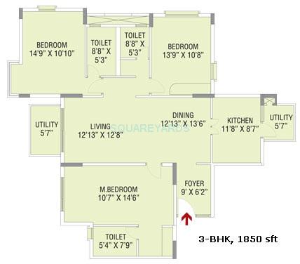 Floor plan of 3 BHK 1850 Sq. Ft. Apartment in Brigade PalmSprings, Bangalore