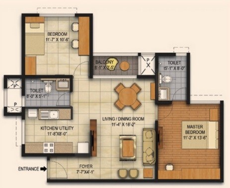 Floor plan of 2 BHK 1074 Sq. Ft. Apartment in Brigade Panorama Phase II, Bangalore