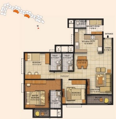 Floor plan of 3 BHK 1710 Sq. Ft. Apartment in Brigade Panorama Phase II, Bangalore