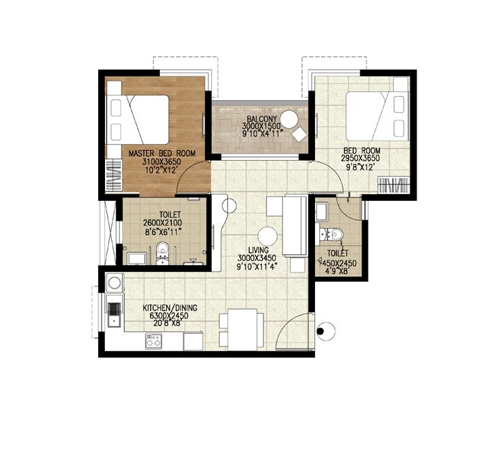 Floor plan of 2 BHK 1251 Sq. Ft. Apartment in Brigade Parkside East, Bangalore