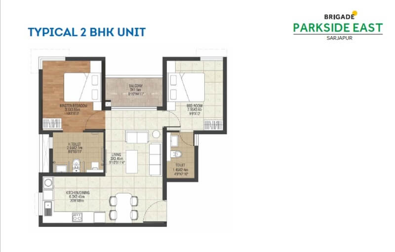 Floor plan of 2 BHK 1144 Sq. Ft. Apartment in Brigade Parkside East, Bangalore