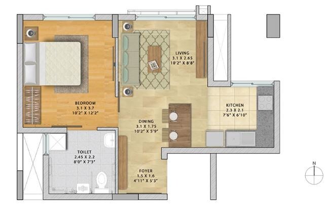 Floor plan of 1 BHK 696 Sq. Ft. Apartment in Brigade Parkside North, Bangalore