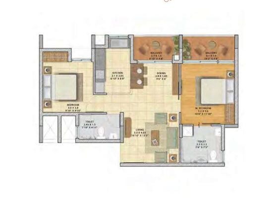 Floor plan of 2 BHK 1144 Sq. Ft. Apartment in Brigade Parkside North, Bangalore
