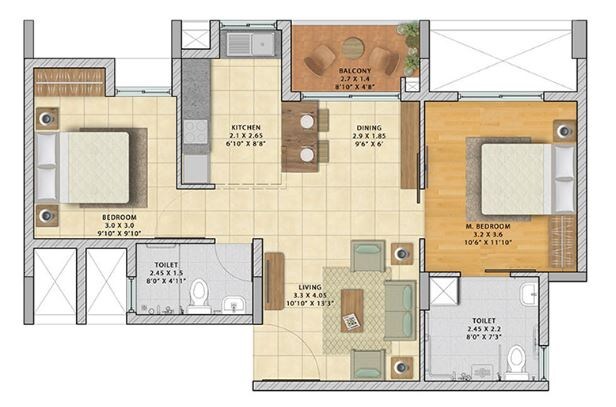 Floor plan of 2 BHK 1125 Sq. Ft. Apartment in Brigade Parkside North, Bangalore
